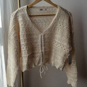 NWT - Cinch Front Crochet Cropped Pullover Sweater - Sz L, Cream